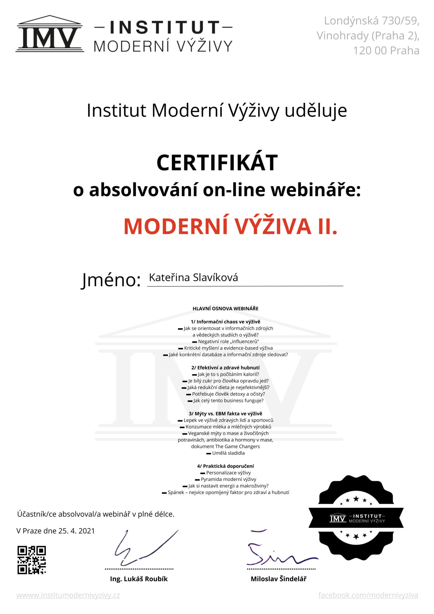 Certifikát Kateřina Slavíková
